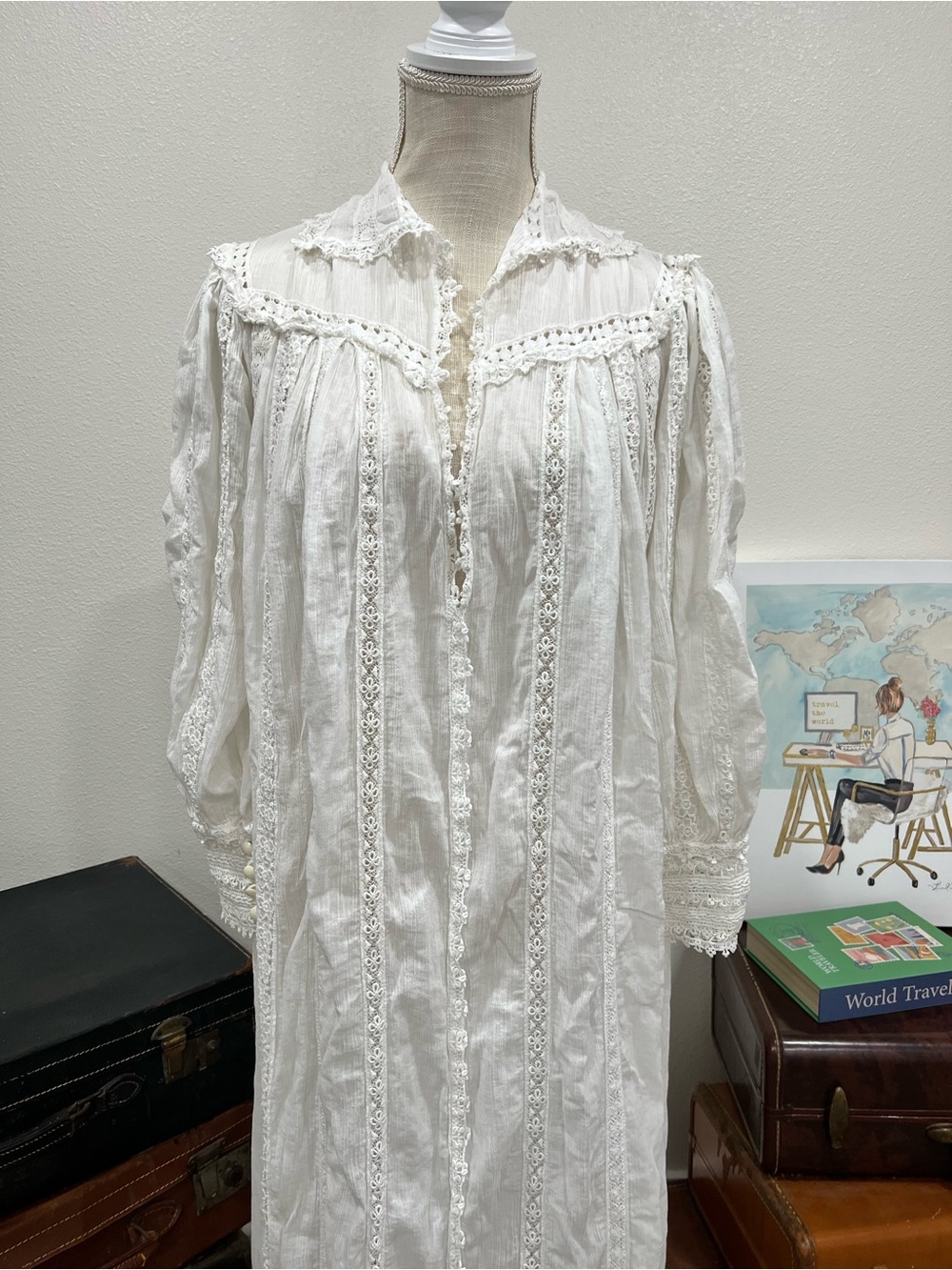 ⁠Vtg 1970s Giorgio Sant’Angelo Bohemian Maxi Dress Lace Peasant Resort M L